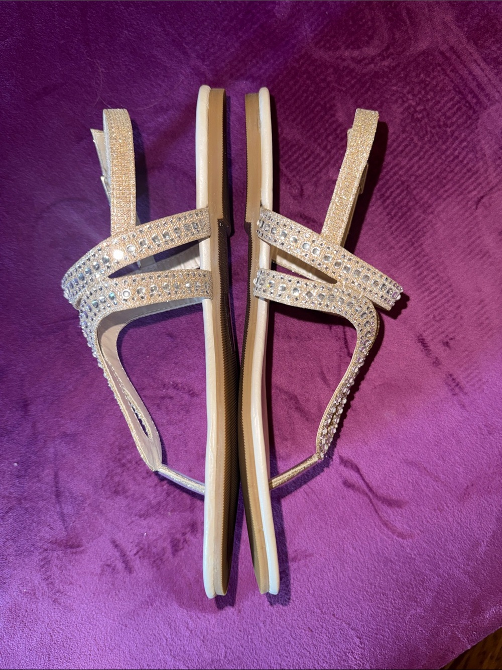 David’s Bridal DB Studio Rhinestone T-Strap Champagne Flat Sandals Ankle Strap 7 - Picture 7 of 12